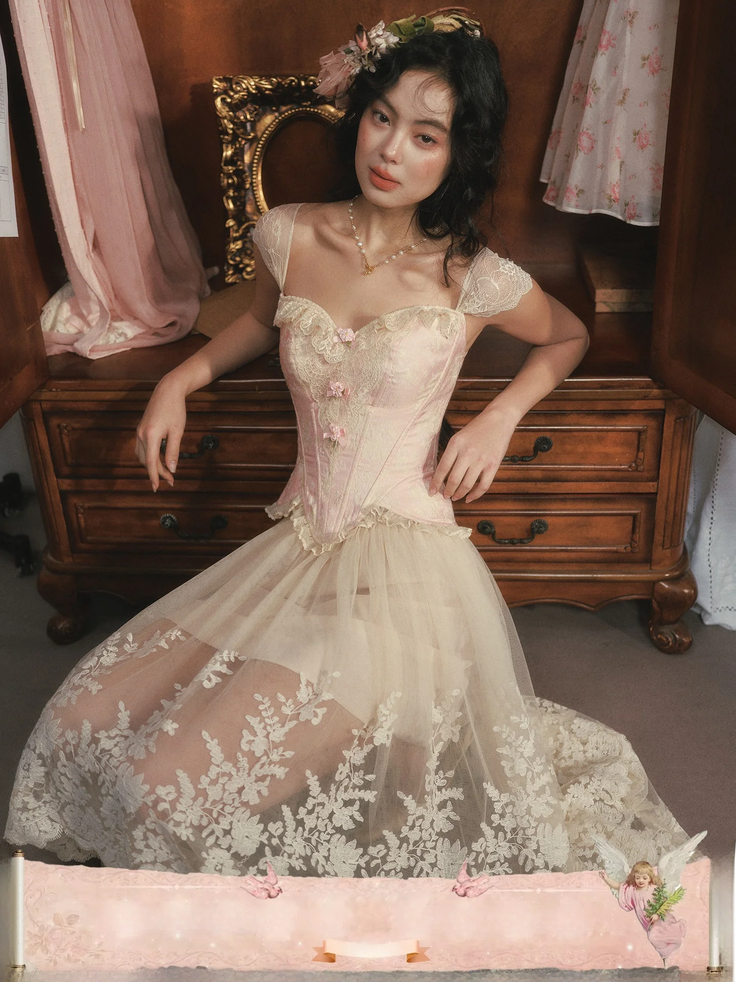 

Ruffle Svel Lace Top Women's Sweet Sle Rokoko Fibone Design Floral Print Csole Summer Spring Autumn Casual Wear