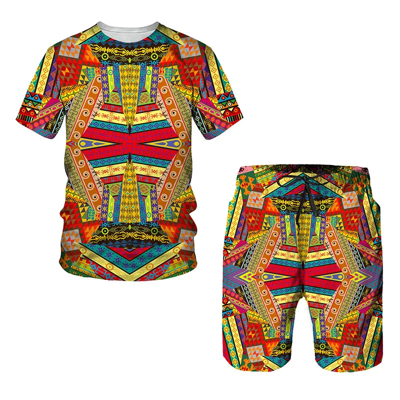 New African Ethnic Style 3D Print T-Shirts Shorts Sets Men\'s Fashion Oversized Short Sleeve T Shirt Pants Set Man Suits Clothing