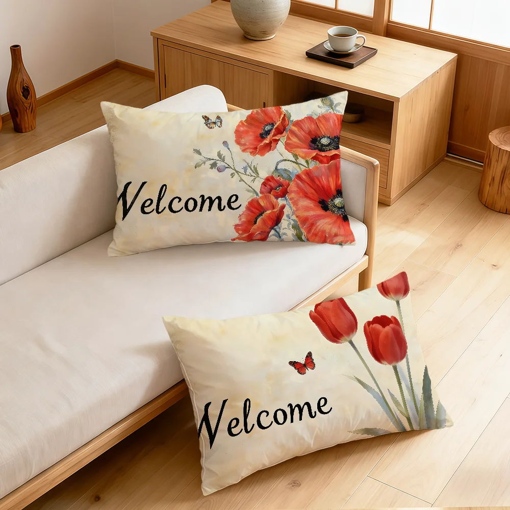 Fotografia 3: Capa de Almofada Retangular com Estampa Floral Retrô de Tulipa e Girassol, para Sofá, Sala de Estar, Quarto, Cabeceira, Presente