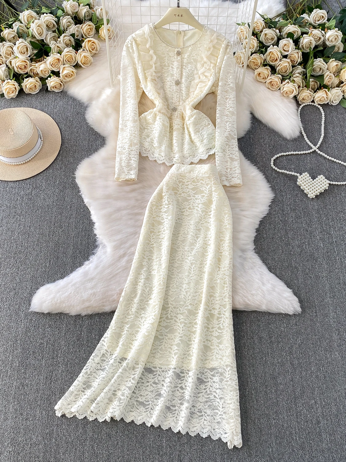 Ele round Ne Top in pizzo e gonna lunga Set in due pezzi con finiture in legno Abbellimento pesante Perline di diamanti Faionabl...