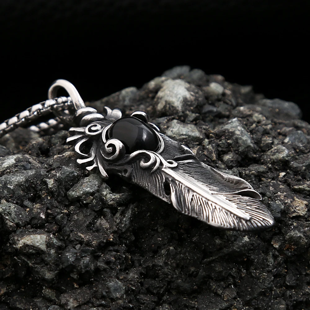 Vintage Stainless Steel Feather Pendant Necklace For Men Women Punk Creative Stone Necklaces Fashion Jewelry Gift Dropshipping