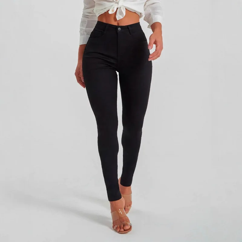 Jeans de mezclilla ajustados para mujer, forrados con forro polar, cintura media, elásticos, negros, pantalones ajustados, cómodos, casuales, de pierna recta