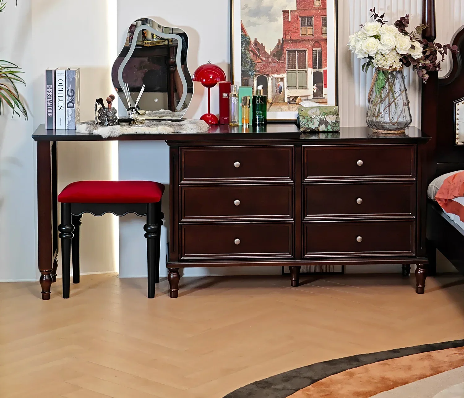 AAAmerican Retro All Solid Wood Six-chest Cabinet Dresser Integrated Combination Red Walnut Bedroom Locker Storage Cabinet