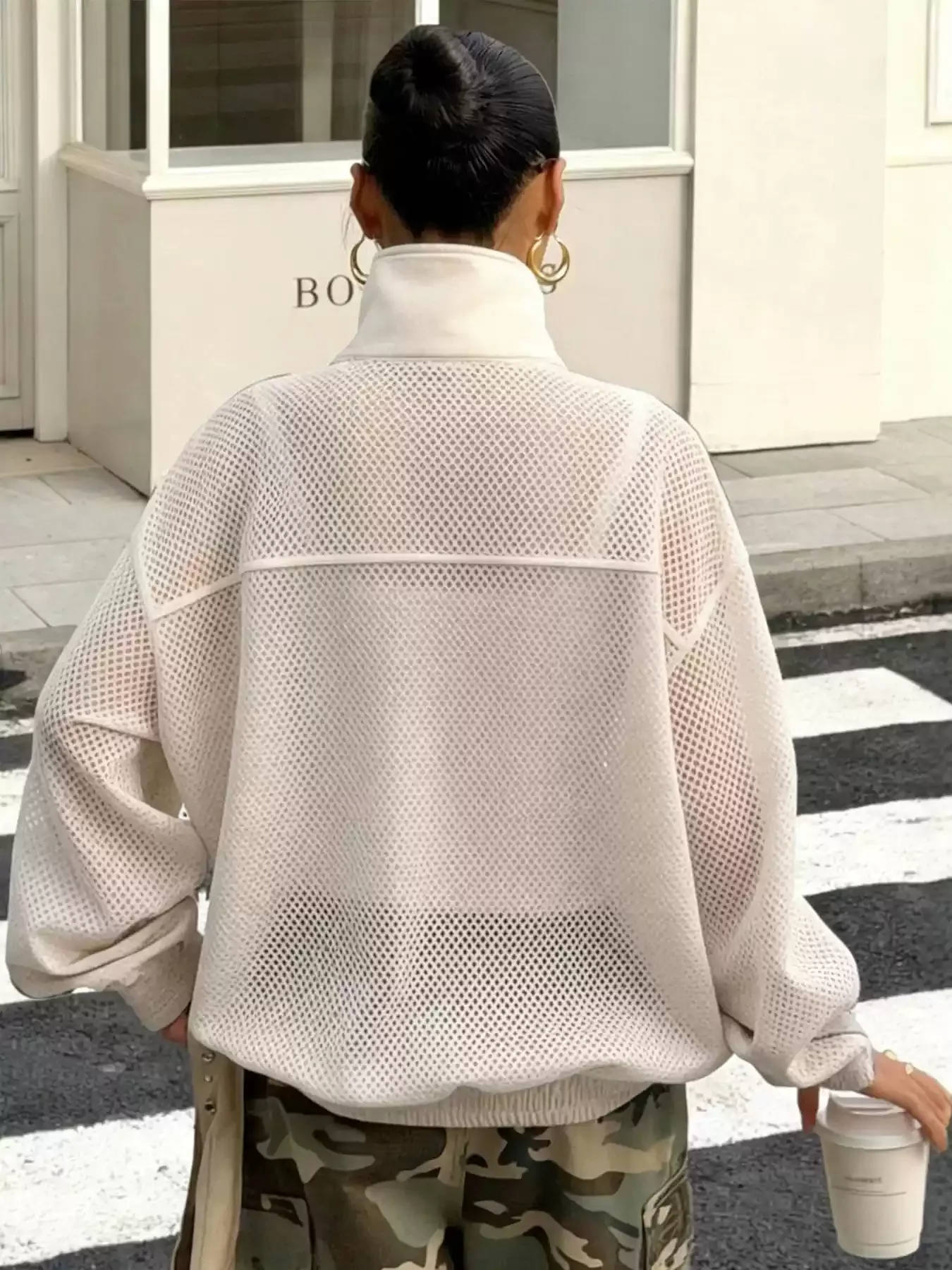 LIMO  New Chinese Frog Button Mesh See Through Jacket Stand Collar Side Strip Long Sleeve Loose Casual Zip Outer Coat