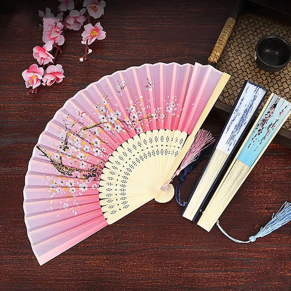 Vintage Hand-held Fan Handheld Fan with Tassel Elegant Chinese Style Bamboo Folding Fan with Flower Pattern Tassel for Women