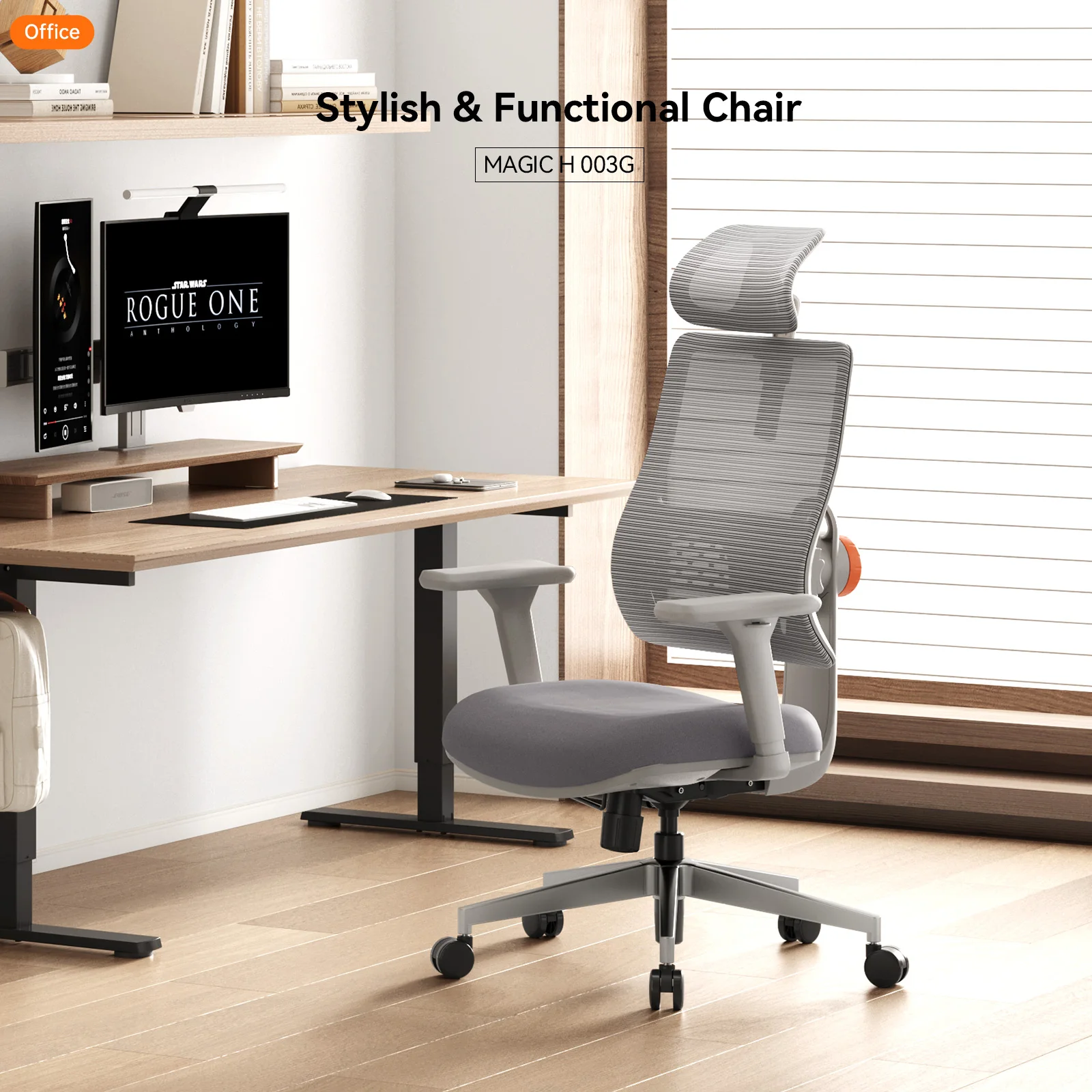 Chaise ergonomique, chaise de bureau ergonomique, dossier auto-ajustable, soutien lombaire adaptatif, appuie-tête réglable, profondeur de siège réglable