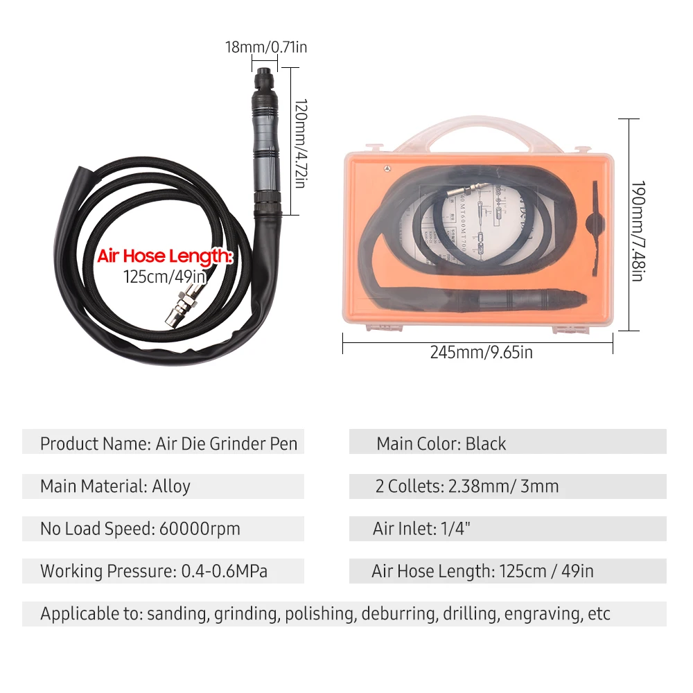 Pencil Type Air Die Grinder with Air Hose 2Collets 1/4 Inch Pneumatic Rotary Pen Stepless Speed Handheld Drilling Tool with Case