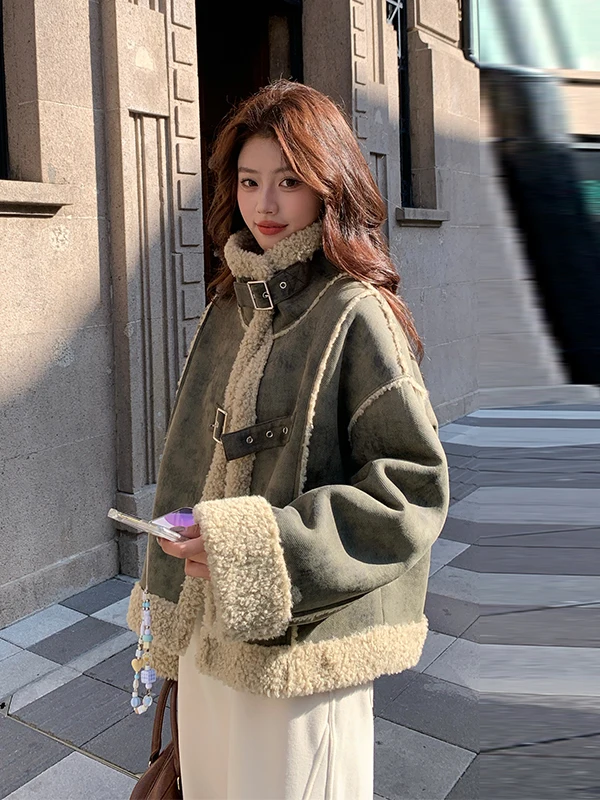 

Ladies ort Lamb Fur Jaet Thiened Fce Inner Inteated Leather And Fur Autumn Winter New Retro Design Commute Sle L...