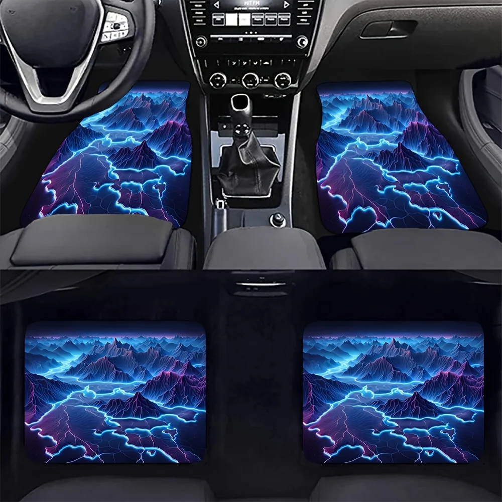 4pcs Glowing Electric Blue Lightning & Purple Mountain Car Floor Mats - Easy-Clean All-Weather Protection, Non-Slip Grip, Fit Fo