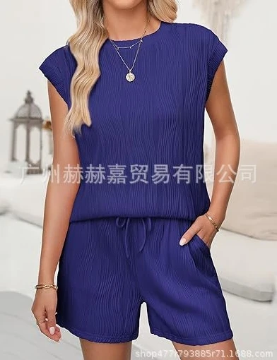 Texture Wrinkles High-Grade Casual Daily Home Two-Piece Set of Solid Color Women Summer Skin-Friendly and Comfortable Pants Set