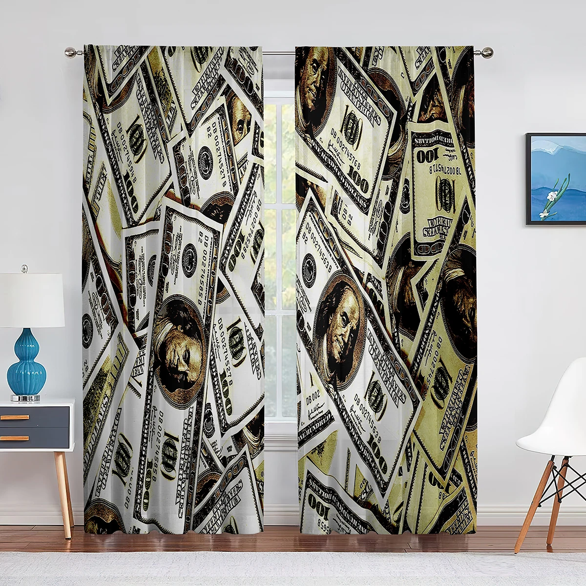 USD Money Print Curtain Benjamin Franklin 100 Dollar Bill Window Curtains for Bedroom Living Room Kitchen Decor Drapes 2Panels