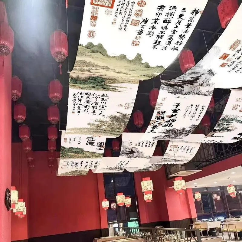 VIKAMA Ceiling Decoration Canopy Hanging Fabric Chinese Landscape Calligraphy Restaurant Bar Cafe Home Decor