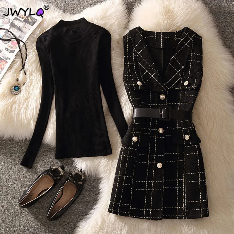 Plaid Tweed Vest Jacket 2 Piece Set Women Vintage Mid-length 75cm Elegant Pearl Button Belted Unlined Waistcoat And Knit Sweater