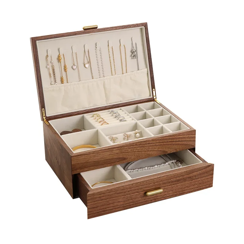 

Black walnut double-layer jewelry box, necklace, earrings, ring jewelry, premium light luxury solid wood storage box.