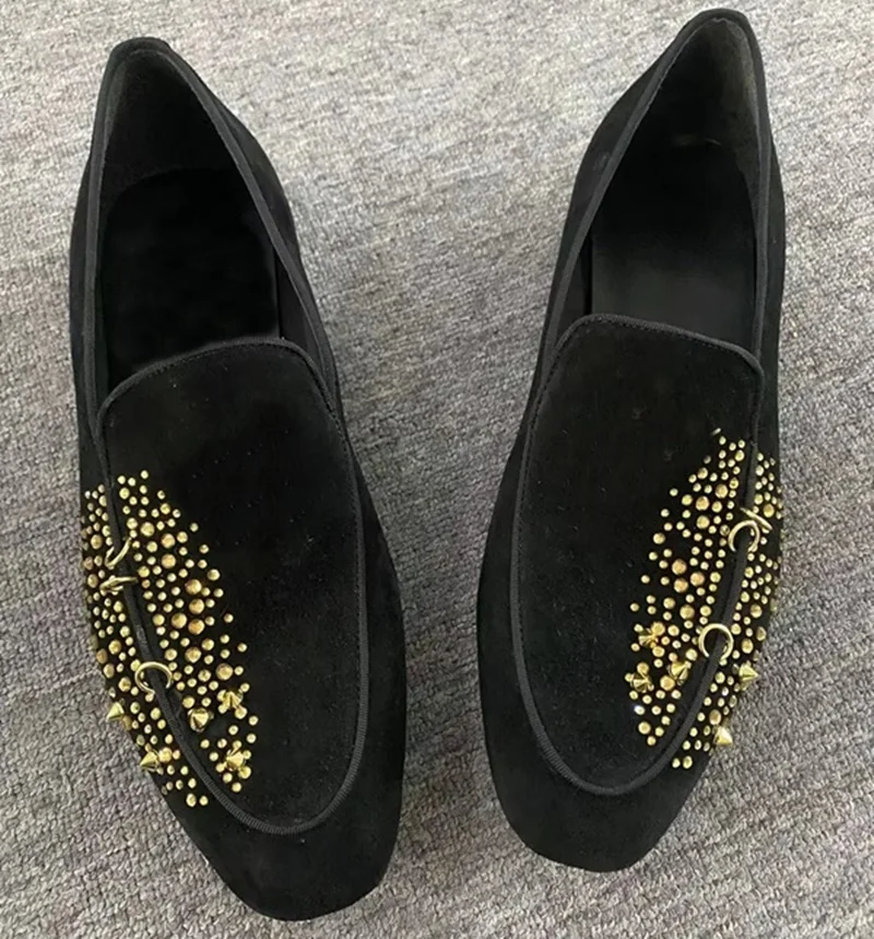 

Luxury Men's Black Suede Loafers With Gold Rhinestones And Rivets Handmade Slip-on Casual Dress Shoes Flats Mocassins For man
