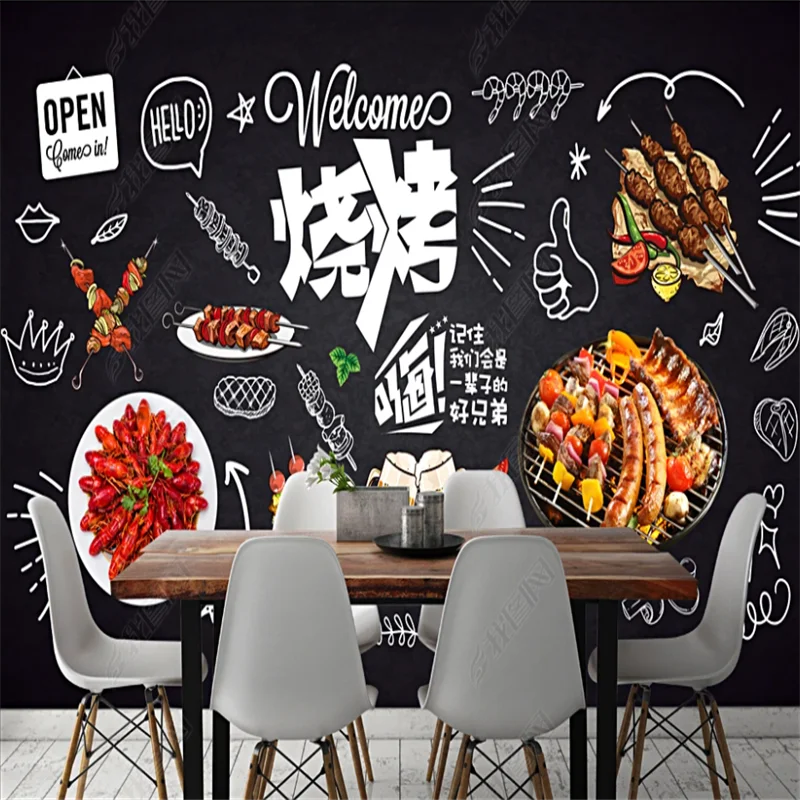 

Custom Blackboard BBQ Kebab Crayfish Wallpaper Industrial Decoration Mural Restaurant Snack Bar Background Wall Papier Peint