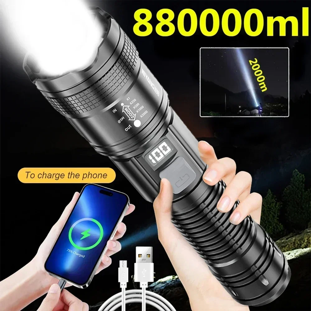 9900LM Powerful LED Flashlight Battery Display USB Rechargeable Light Telescopic Zoom Torch Lamp Outdoor Camping Fishing Lantern