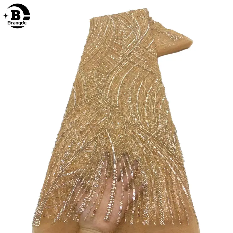 

French Net Embroidery Beads Sequins Lace African Nigerian Fabrics 2024 High Quality Wedding Bridal Luxury Beaded Lace For Dress