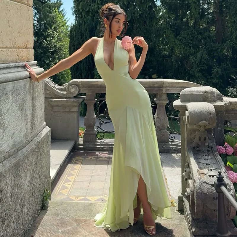 Women's New Sexy Deep V-neck Holiday Beach Style Elegant Backless See-through Mesh Splicing Maxi Bodycon Dress - Green Color