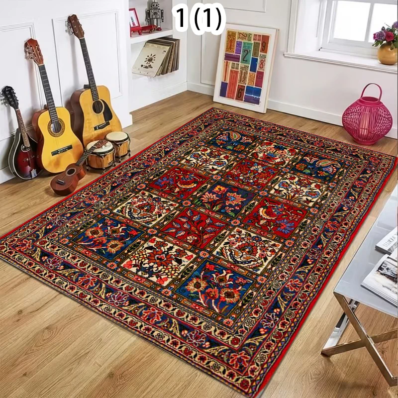 Red Base Ethnic Style Peacock Deer Floral Area Rug Vintage Non-Slip Floor Mat for Living Rooms Bedrooms Cultural Home Decor