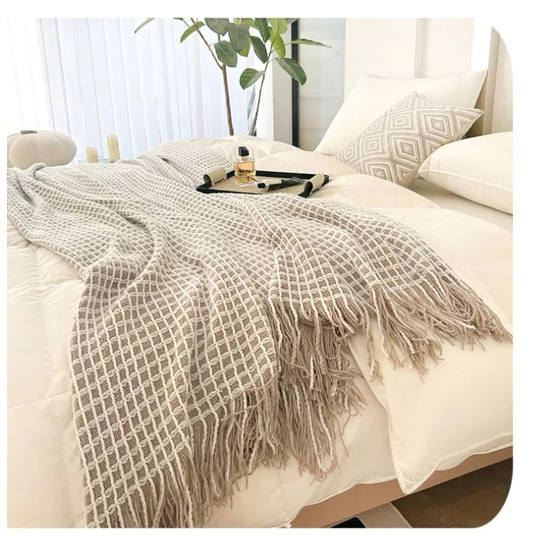 Modern Plaid Tassels Bed Flag Bed Tail Scarf  Runner Upscale Household Bedroom Hotel  Flag Bed End Towel  End Blanket