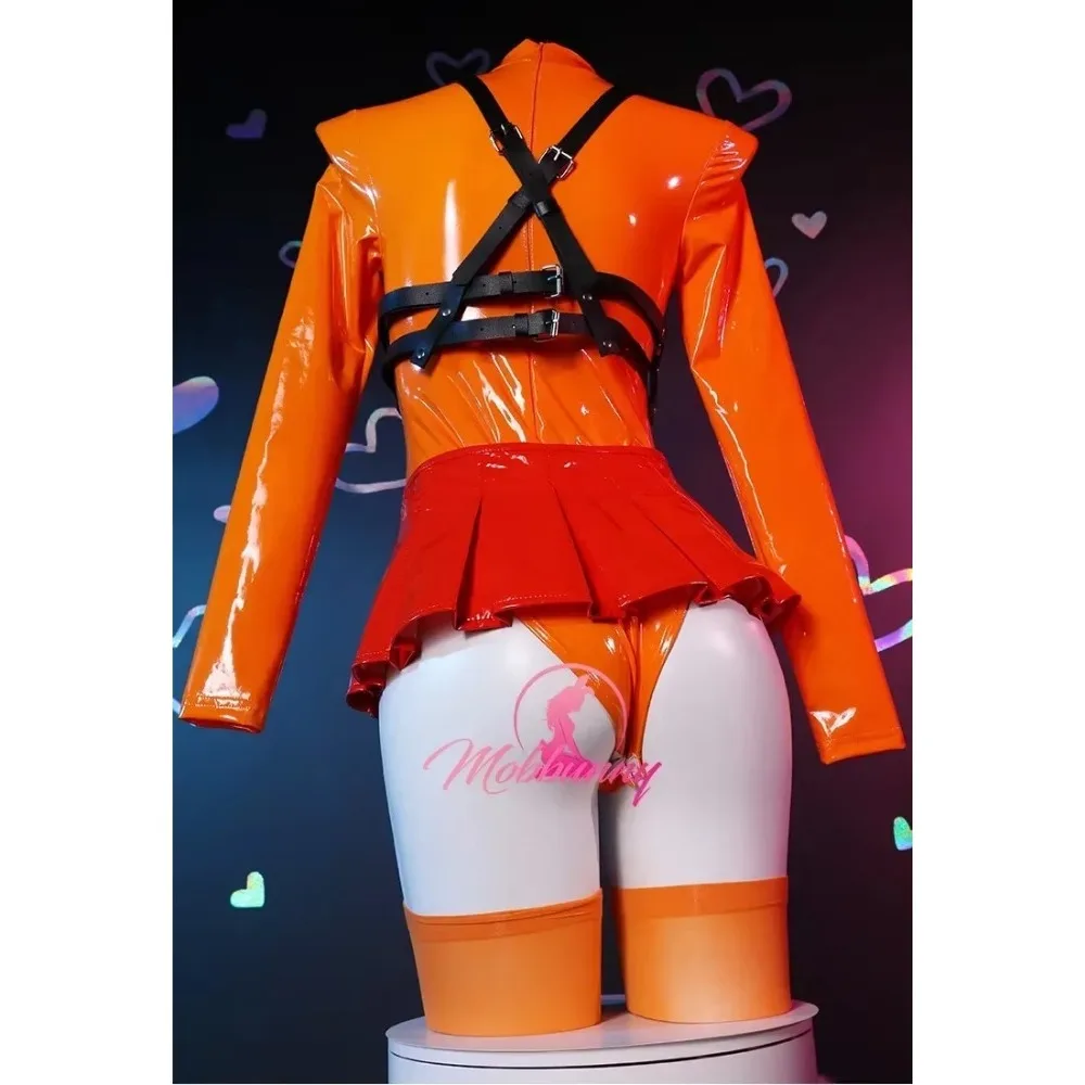 Mobbunny Vrouwen Velma Cosplay Kostuum Vrouwen Lingerie Oranje Borst Open Bodysuit En Vetersluiting Mini Rok Met Sokken Voor Halloween