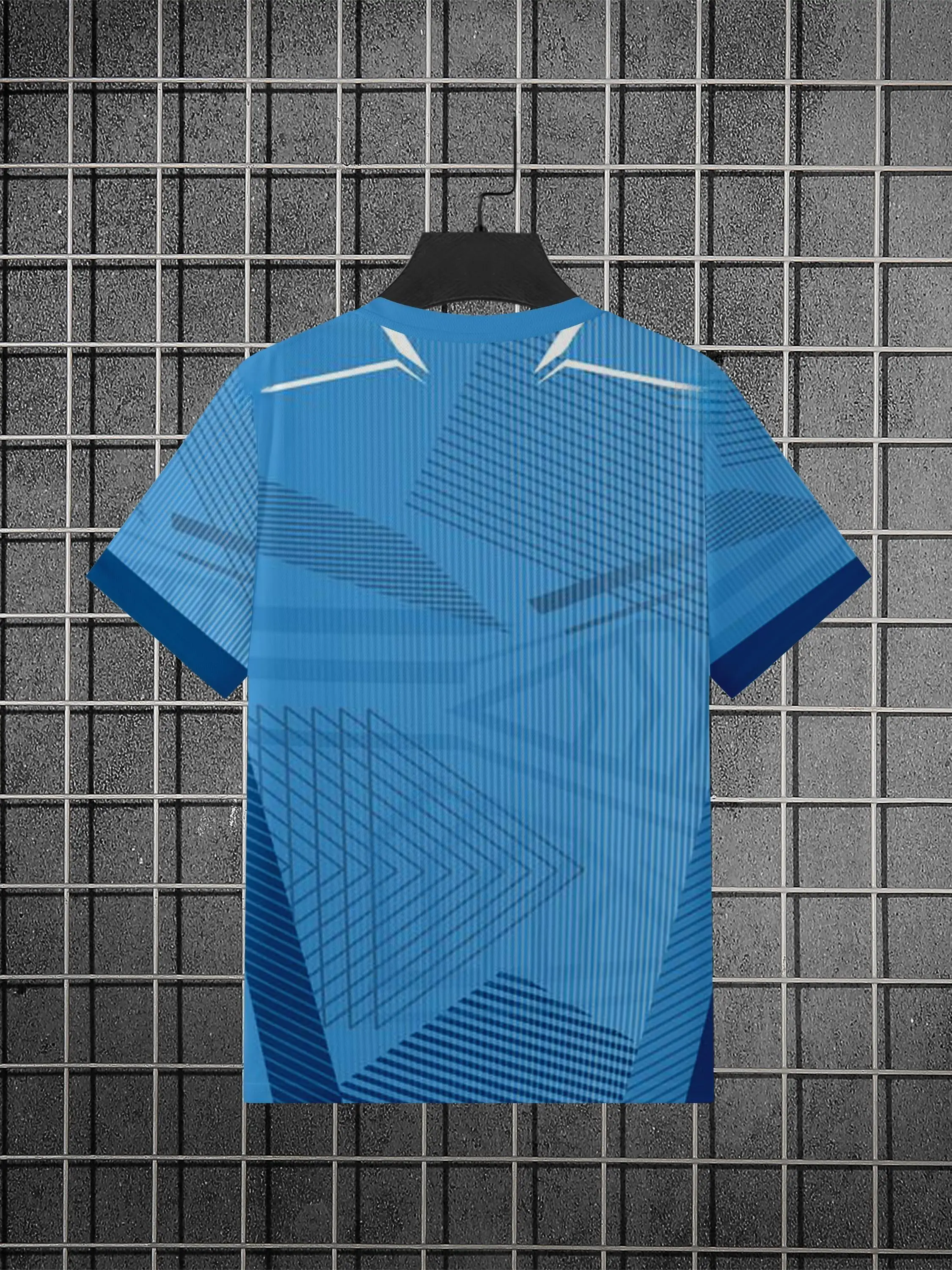 Men Quick Dry High Elastic Sport T Shirt Blue Geometric Line Striped Print Breathable Training Top