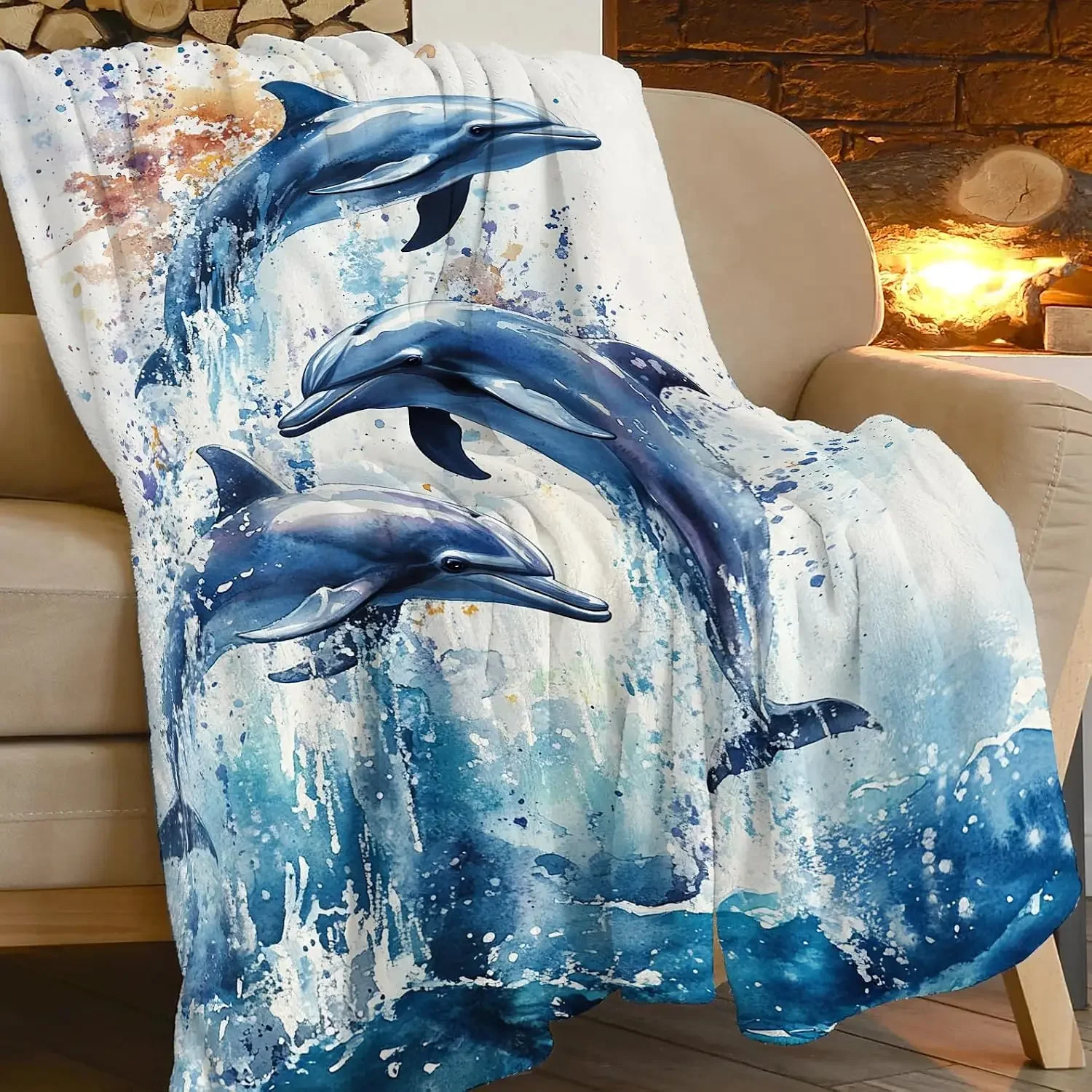 Watercolor Dolphin Ocean Splash Print Flannel Blanket Fashion Sofa Bedroom Warm Throw For Home Leisure Camping