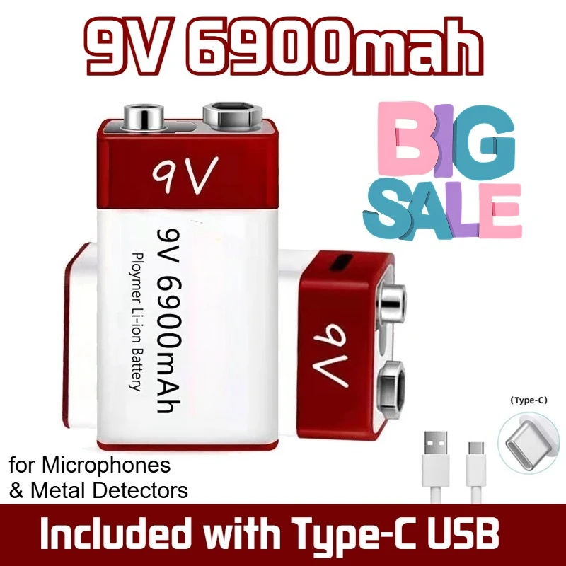 

9V 6900mah Lithium-ion Rechargeable Battery,Included with Type-C USB,for Microphones and Metal Detectors
