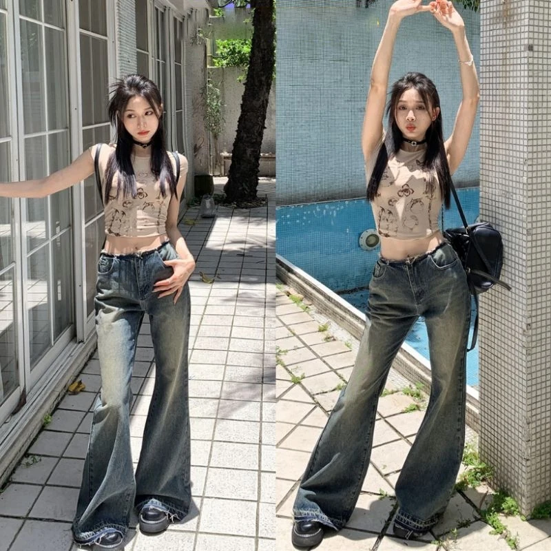 Fashion Slim Casual Vintage Blue Women‘s Jeans American Style Chic Pockets Basic Female Flare Pants