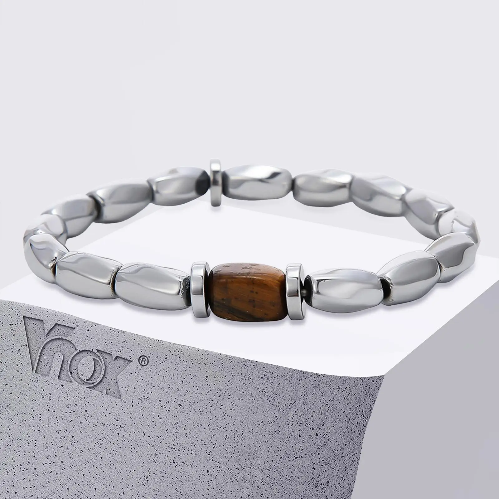 

Vnox Retro Irregular Steel Color Gallstone Beads Bracelet with Imitation Tiger Eye Bead Elastic Rope Bracelet Men's Jewelry