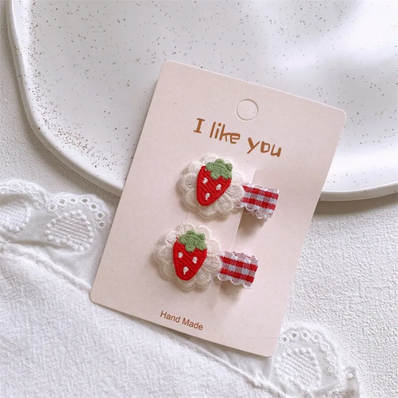 

Cute Mini Embroidered Fruit Plaid Hair Clips for Little Girls Strawberry Cherry Side Alligator Clips Non Slip Grip Daily Use