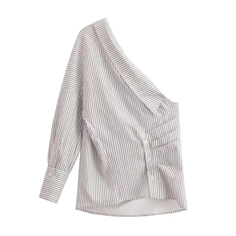 

Новинка 2024, асимметричный полосатый женский топ, дизайн Sensation, свободный крой, обычная длина, косой воротник, универсальная мода