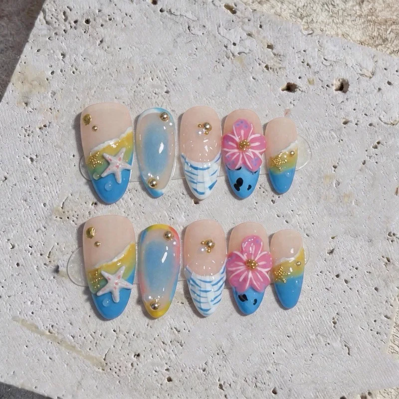 10pcs Gradient Blue Almond Press On Nails Hand-painted 3D Seasells Flower Fake Nail Handmade Summer Ocean Series False Nails