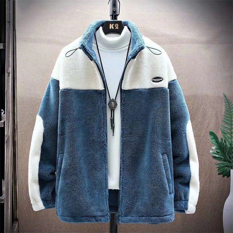 2022 Men Winter Warm Coats Casual Patchwork Tops Fashion Stand Collar Coat Men\'s Loose Outerwear Abrigo