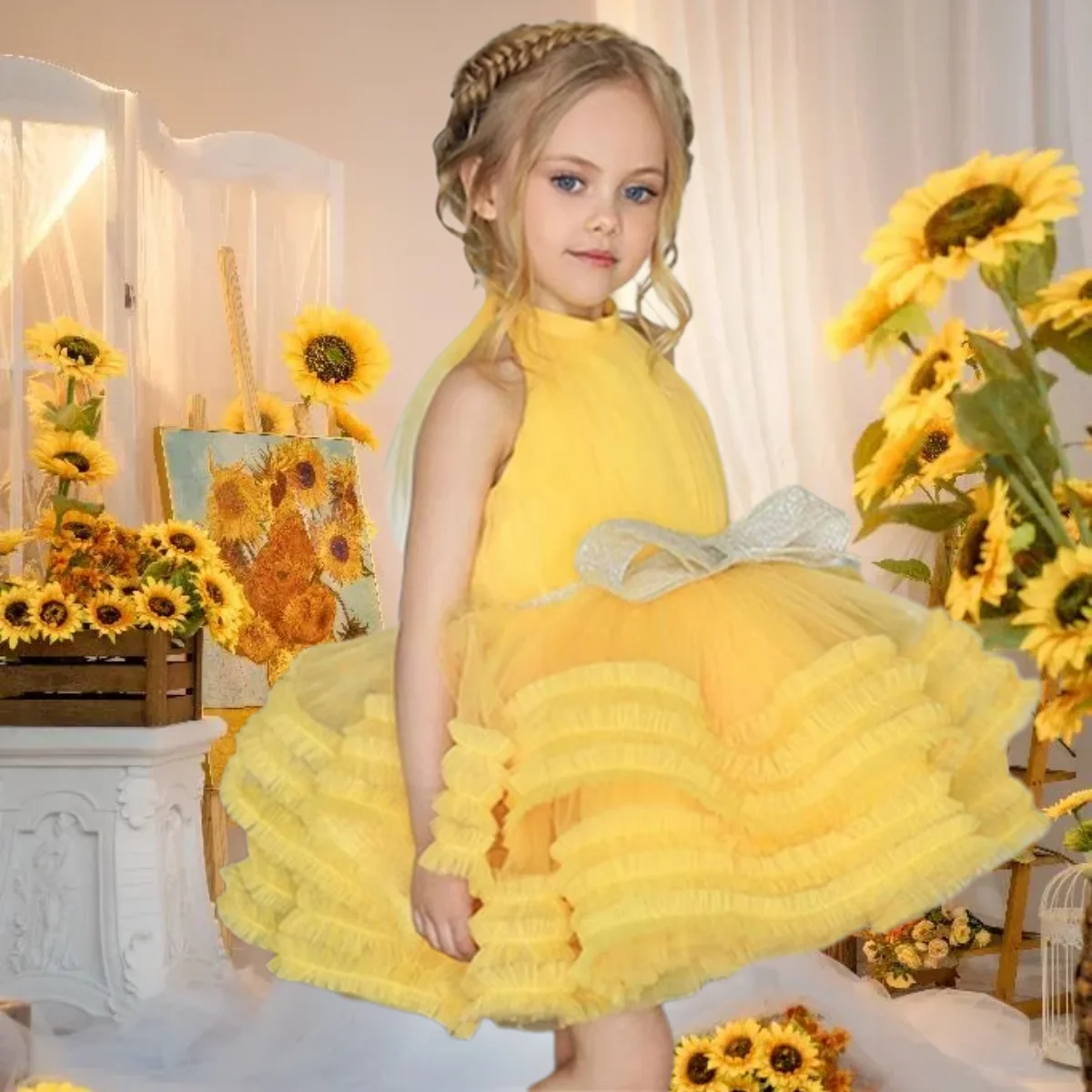 

Elegant Flower Girl Dresses Sleeveless Layered Tulle Bow Wedding Flower Child First Eucharistic Birthday Party Dress Customized