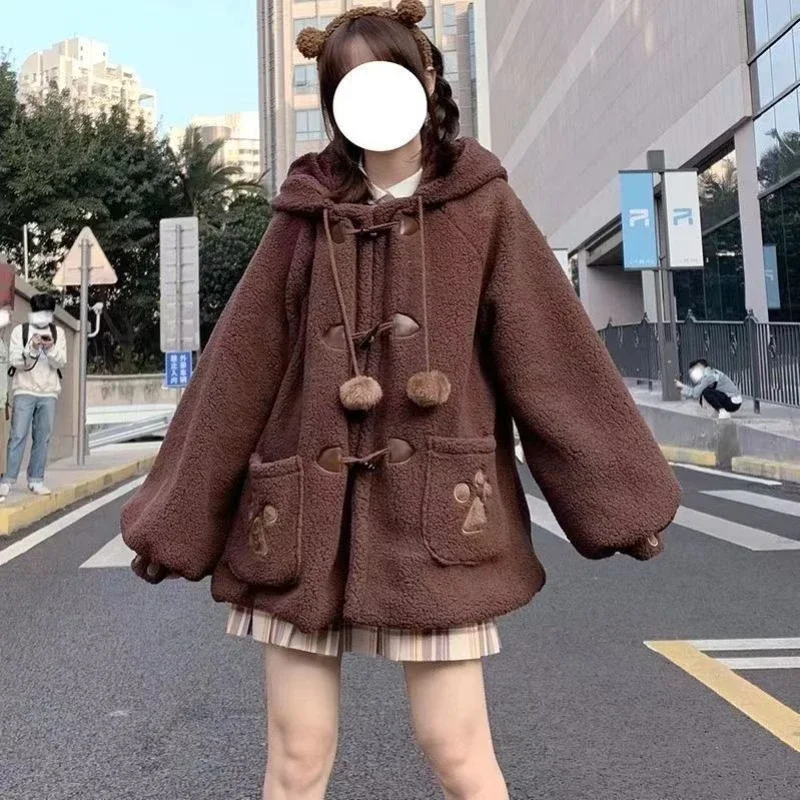 2024 New Autumn and Winter Women Coat Students Korean Loose Versatile Cute Bear Rabbit Lamb Coat Female Preppy Style Jacket