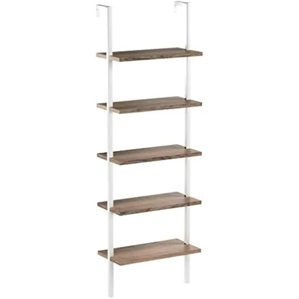 5-layer wooden modern open wall mounted ladder bookshelf with industrial metal frame, light brown oak/white