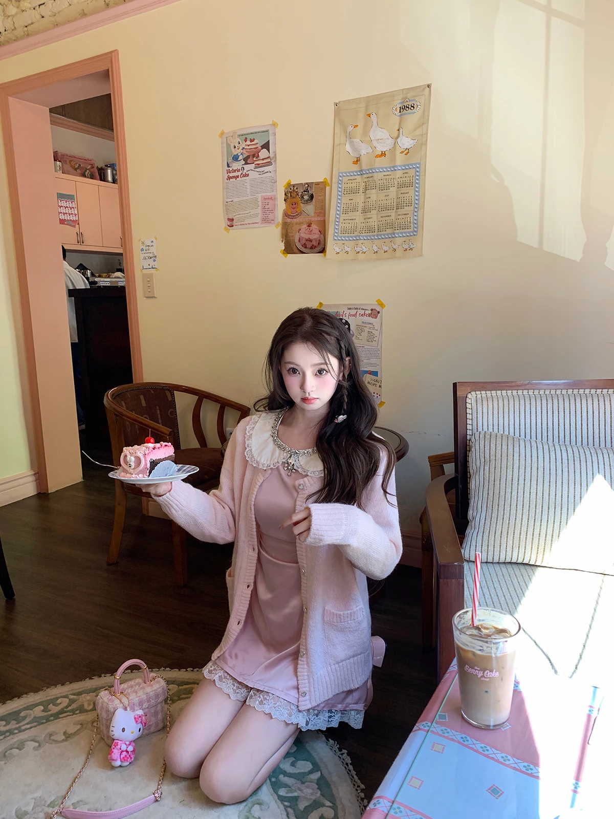 

Lanlan's Wardrobe Sweet Style Knitted Cardigan Princess Dress Set for Women Pink Long Sleeve Doll Collar Dress Autumn Wear