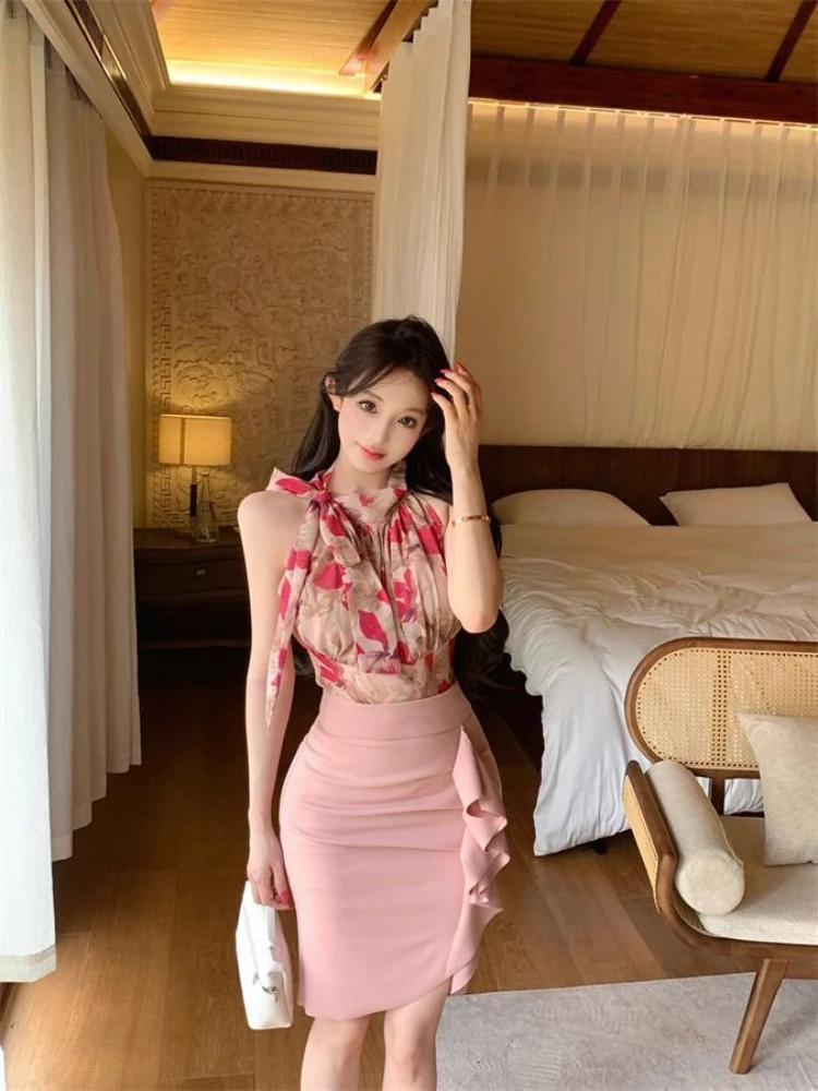 

Vintage temperament two-piece set women's summer new print ribbon hanging neck sleeveless top high waisted design half skirt