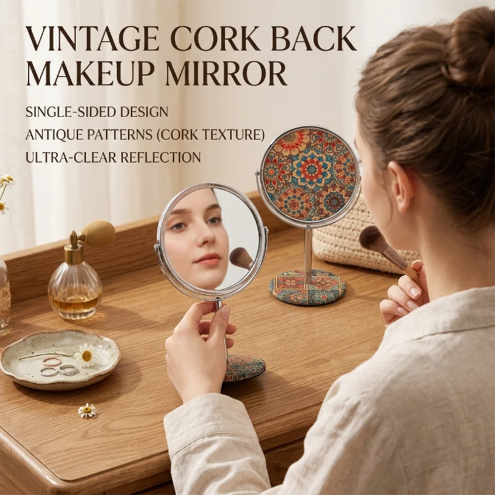 Desktop Vanity Mirror Single Sided Table Cosmetic Mirror Retro Pattern Boho Stand Makeup Mirrors Portable Women Beauty Tools