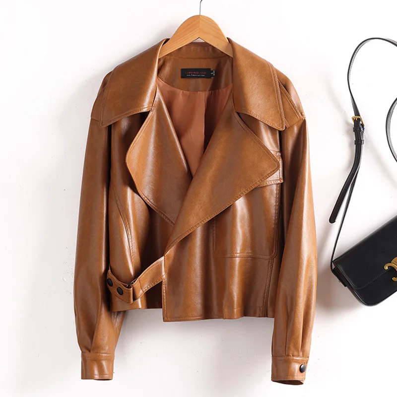 

New Women Loose Split Leather Jacket Spring Autumn Fashion Wide-lapel Long Sleeve Leather Coat Casual Short Coat Female