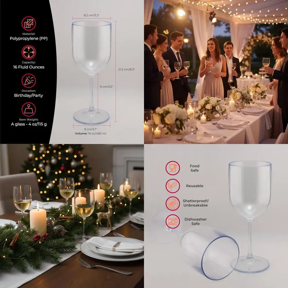 

Durable Clear Plastic Wine Glasses, 16oz, Set of 20, Shatter-Resistant, Dishwasher Safe for Parties & Celebrations