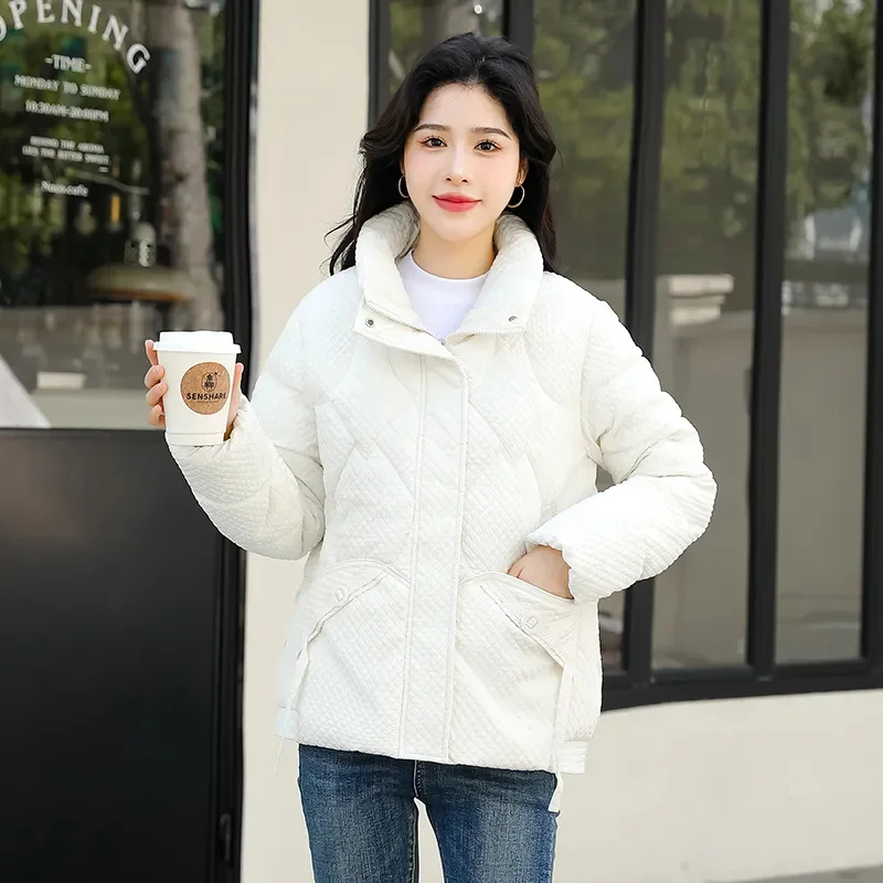 Autumn Winter Short Cotton Jacket Women New Loose Stand-Up Collar Coat Pure Colour Outwear Fshion Pocket Thicken Overcoat Female