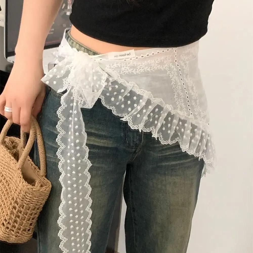 Rok Mini Renda Manis Lembut Rok Kasa Pinggang Tinggi Gaya Korea Rok Tepi Ruffle Bertali Bunga Wanita