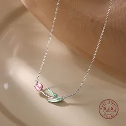 Aesthetics Oil dripping Tulip Pendant Necklace Women 925 Sterling Silver Fashion Charm Anniversary Jewelry Gift