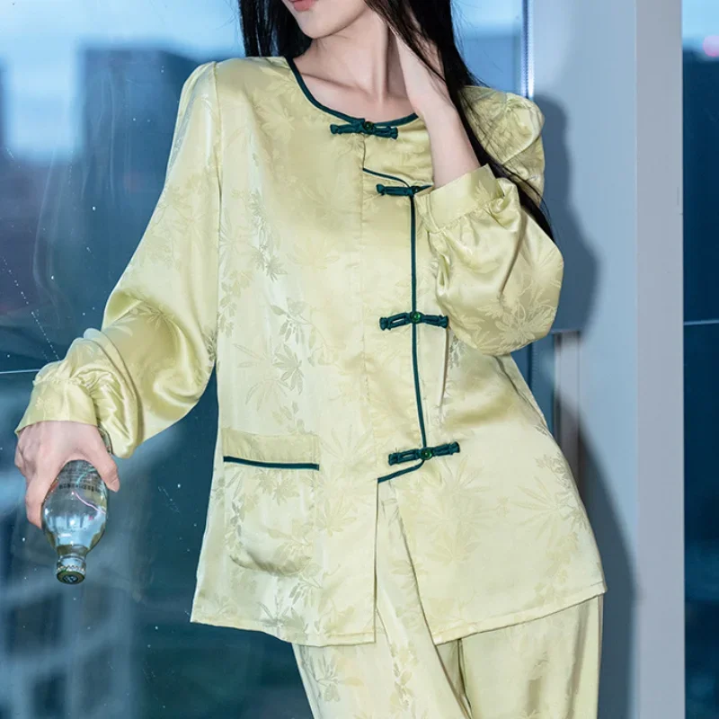 

New Chinese Style Sleepwear Jacquard Long Sleeve Pajamas Trouser Suits Lounge Wear Spring Summer Casual Satin Home Wear Pyjama