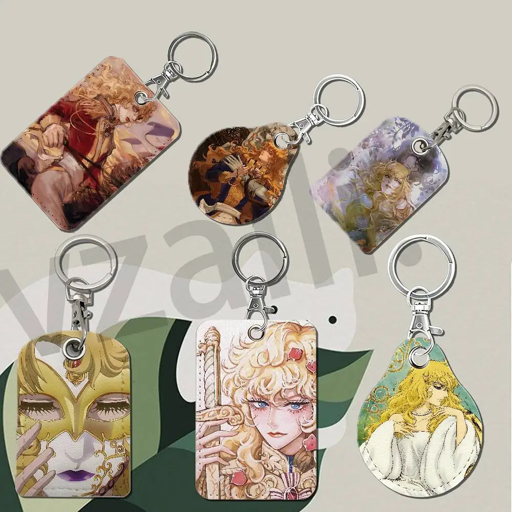 L-Lady Oscar Rose of Versailles Protective Printed Leather Card Case Metal Keychain for Bank Credit Bus Subway ID Cards