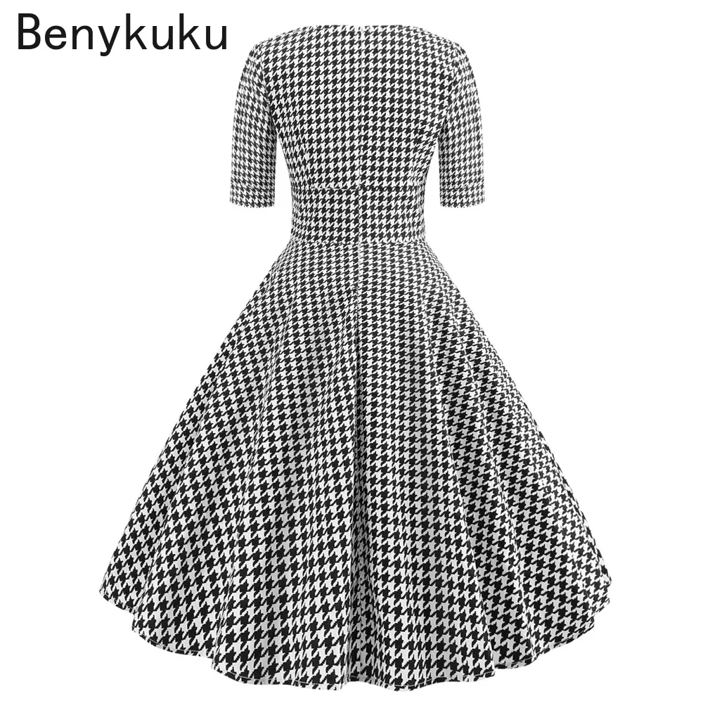 Houndstooth Women Vintage Plaid Dress 2026 Summer Sexy V Neck Half Sleeve Robe Retro Casual Party Rockabilly 50s 60s Swing Dress - view 2
