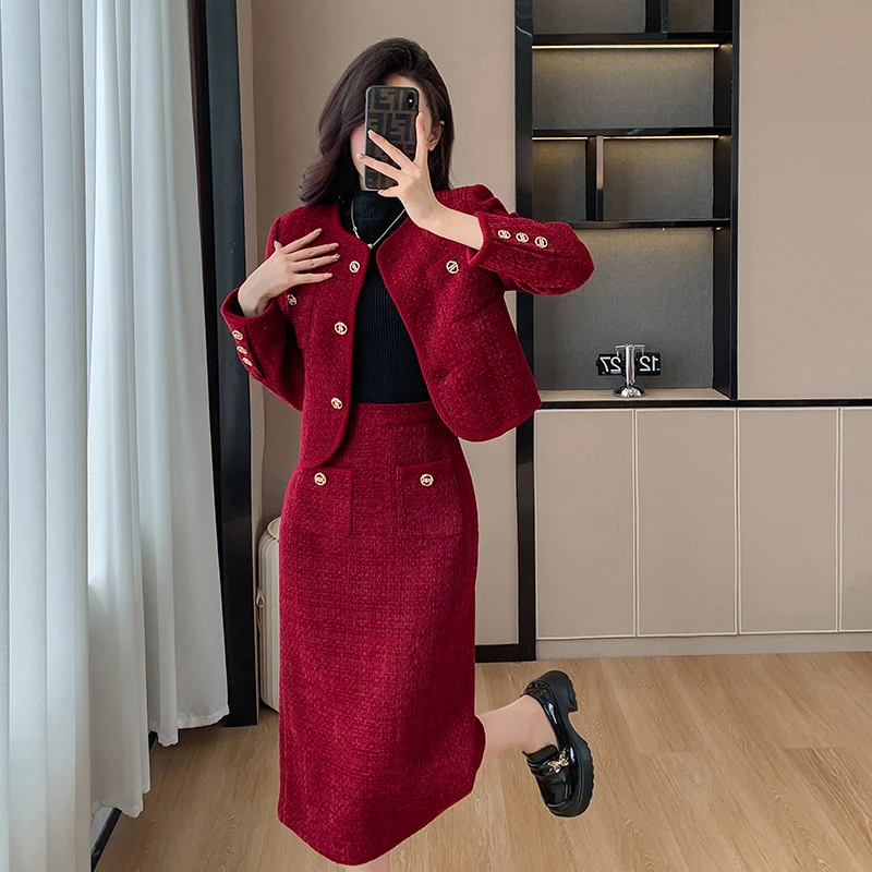 2023 New Red Suit Women\'S Fashion Casual Suit Jacket + Mid Skirt Suit Sexy Party Rich Honour Small Fragrance Tweed Two-Piece Set